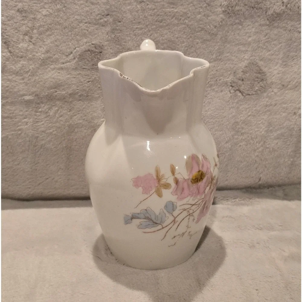 Vintage White Ceramic Floral Pitcher Scalloped Rim Pink Flower Creamer Jug